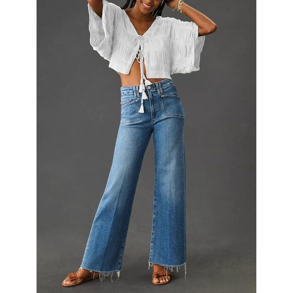 Women’s Wide Leg Jeans Stretchy High Waist Casual Denim Pants - Picture 2 of 5